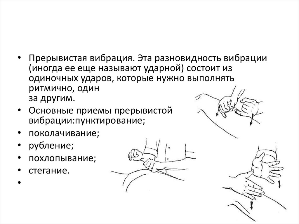 R d вибрация. Вспомогательные приемы вибрации в массаже. Приемы непрерывистой вибрации:. Разновидности ударные вибрационные приемы массажа. Ударные приемы в массаже поколачивание.