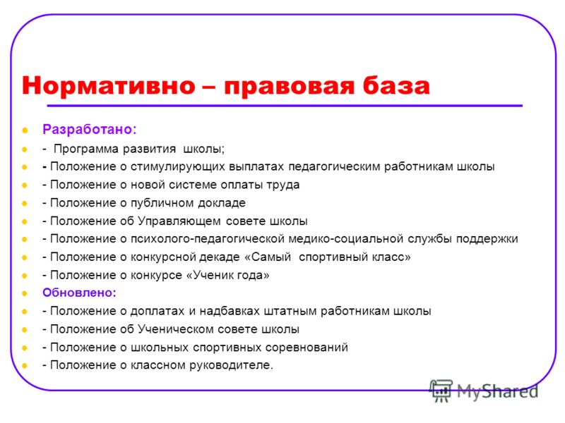 Правовое положение школы. Программа совершенствования школьной жизни в совет школы.