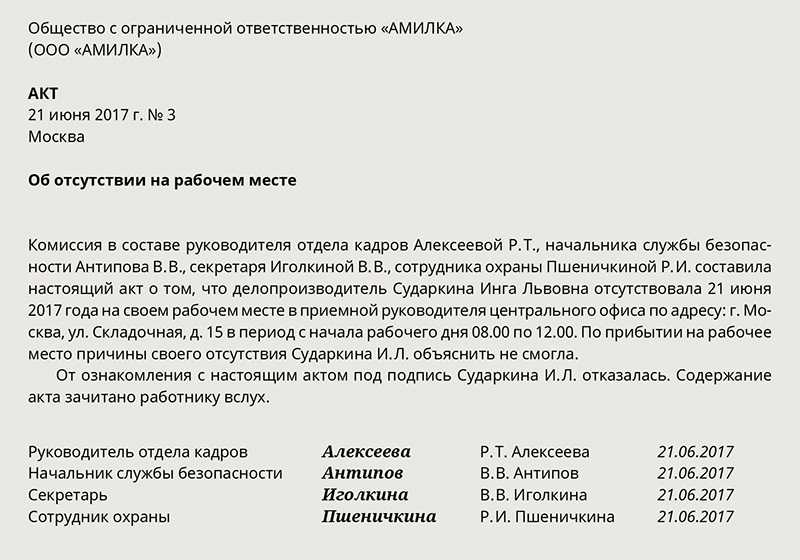 Акт невыхода сотрудника на работу образец