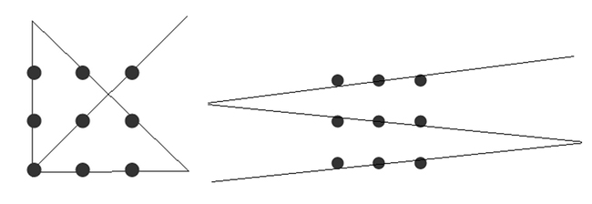 Есть 4 линии. 9 Точек 3 линии. Соединить 9 точек тремя линиями. Соединить 9 точек одной линией. Методика девять точек.